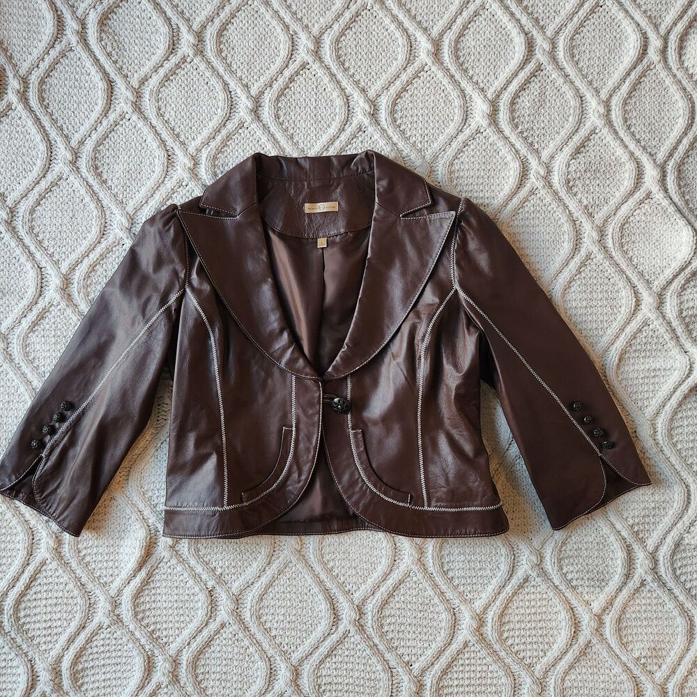 Vintage Wilsons Leather Brown Contrast Stitch Cropped Blazer Jacket Size L